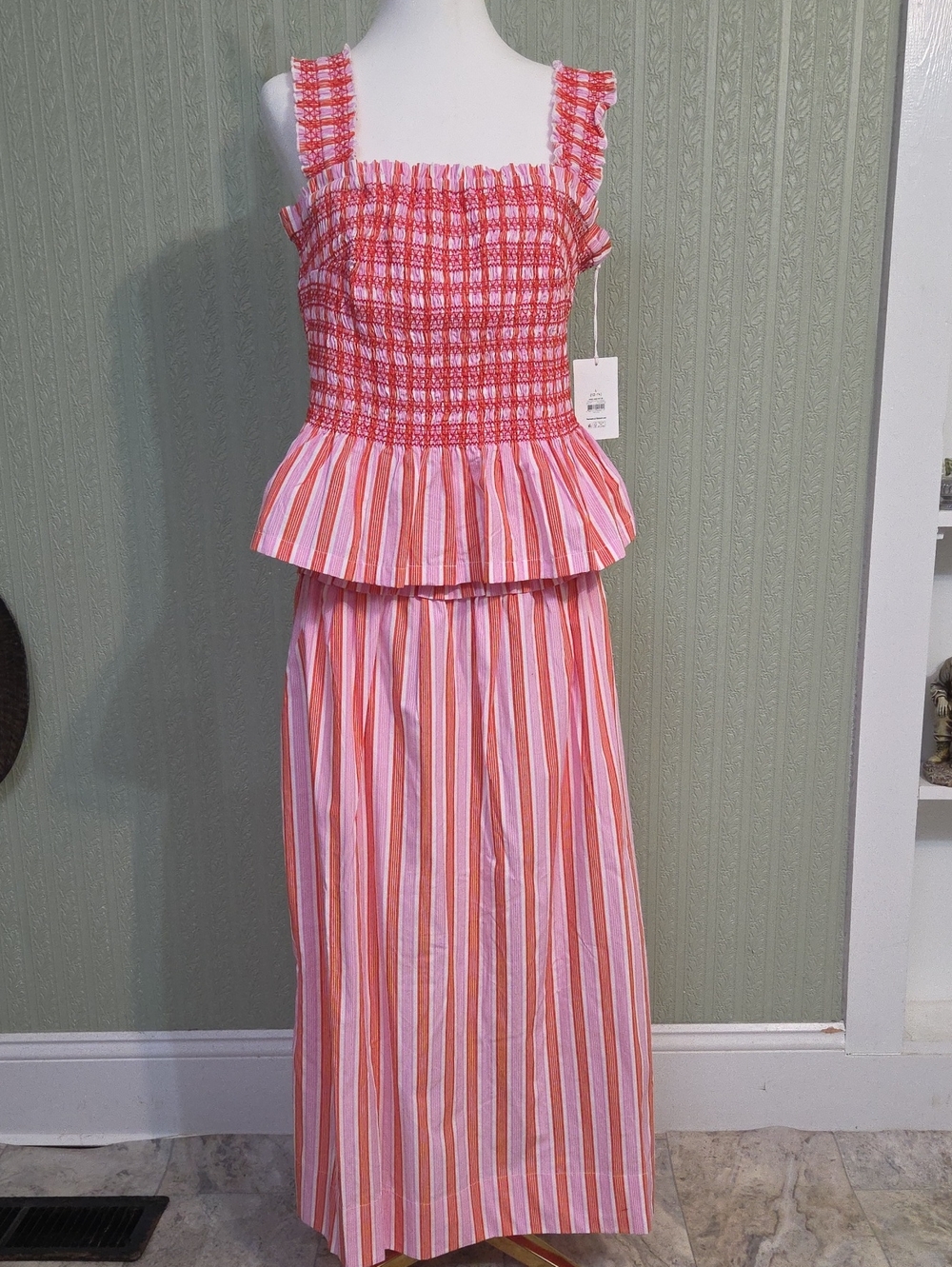 Womens Pink & Orange Striped Smocked Top And Maxi Skirt Set Large